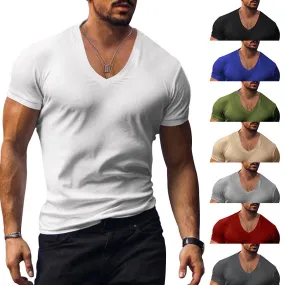 Nukty-shop Men's T-shirt Summer Men's V-neck Solid Color Slim Thin Casual T-shirt Short Sleeve Top