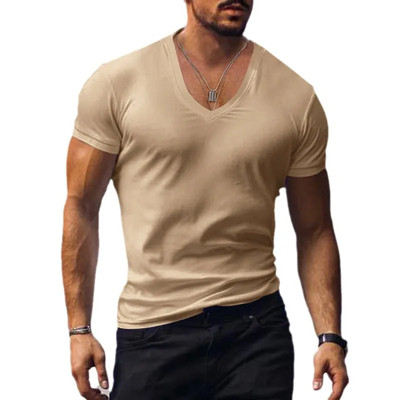 Nukty-shop Men's T-shirt Summer Men's V-neck Solid Color Slim Thin Casual T-shirt Short Sleeve Top