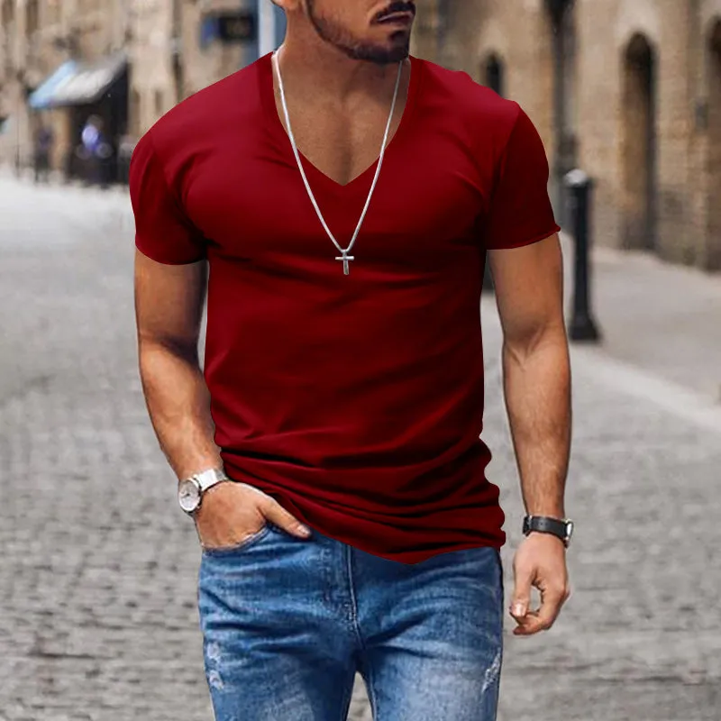 Nukty-shop Men's T-shirt Summer Men's V-neck Solid Color Slim Thin Casual T-shirt Short Sleeve Top