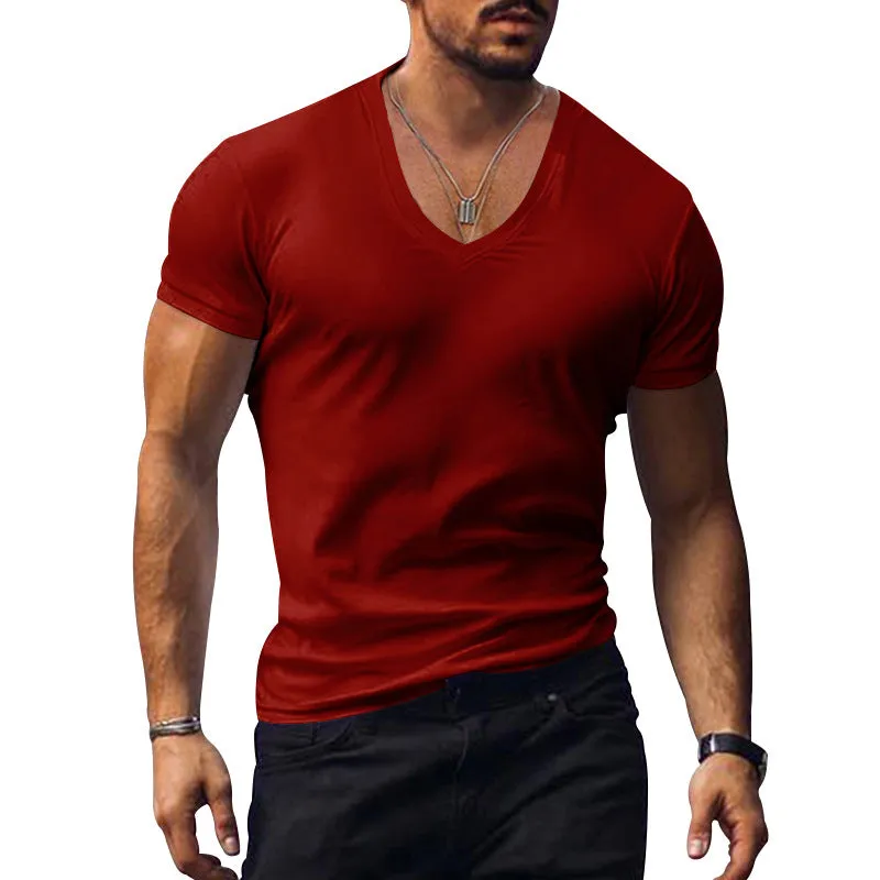 Nukty-shop Men's T-shirt Summer Men's V-neck Solid Color Slim Thin Casual T-shirt Short Sleeve Top