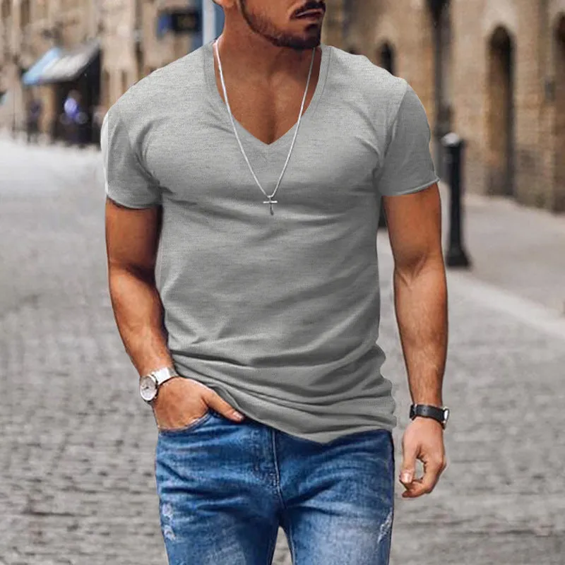 Nukty-shop Men's T-shirt Summer Men's V-neck Solid Color Slim Thin Casual T-shirt Short Sleeve Top