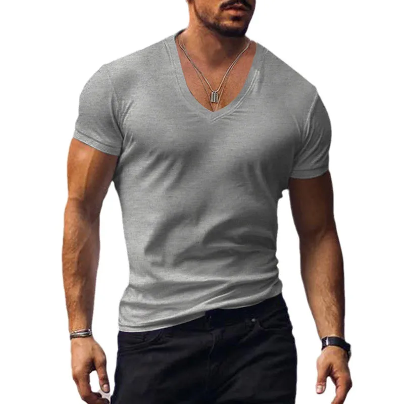Nukty-shop Men's T-shirt Summer Men's V-neck Solid Color Slim Thin Casual T-shirt Short Sleeve Top