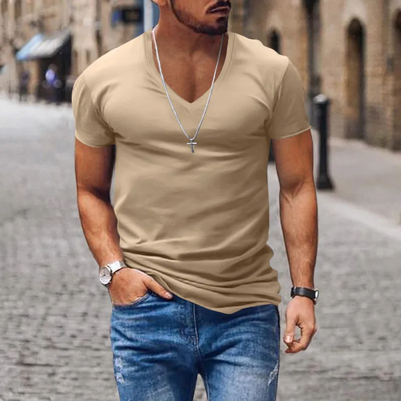 Nukty-shop Men's T-shirt Summer Men's V-neck Solid Color Slim Thin Casual T-shirt Short Sleeve Top