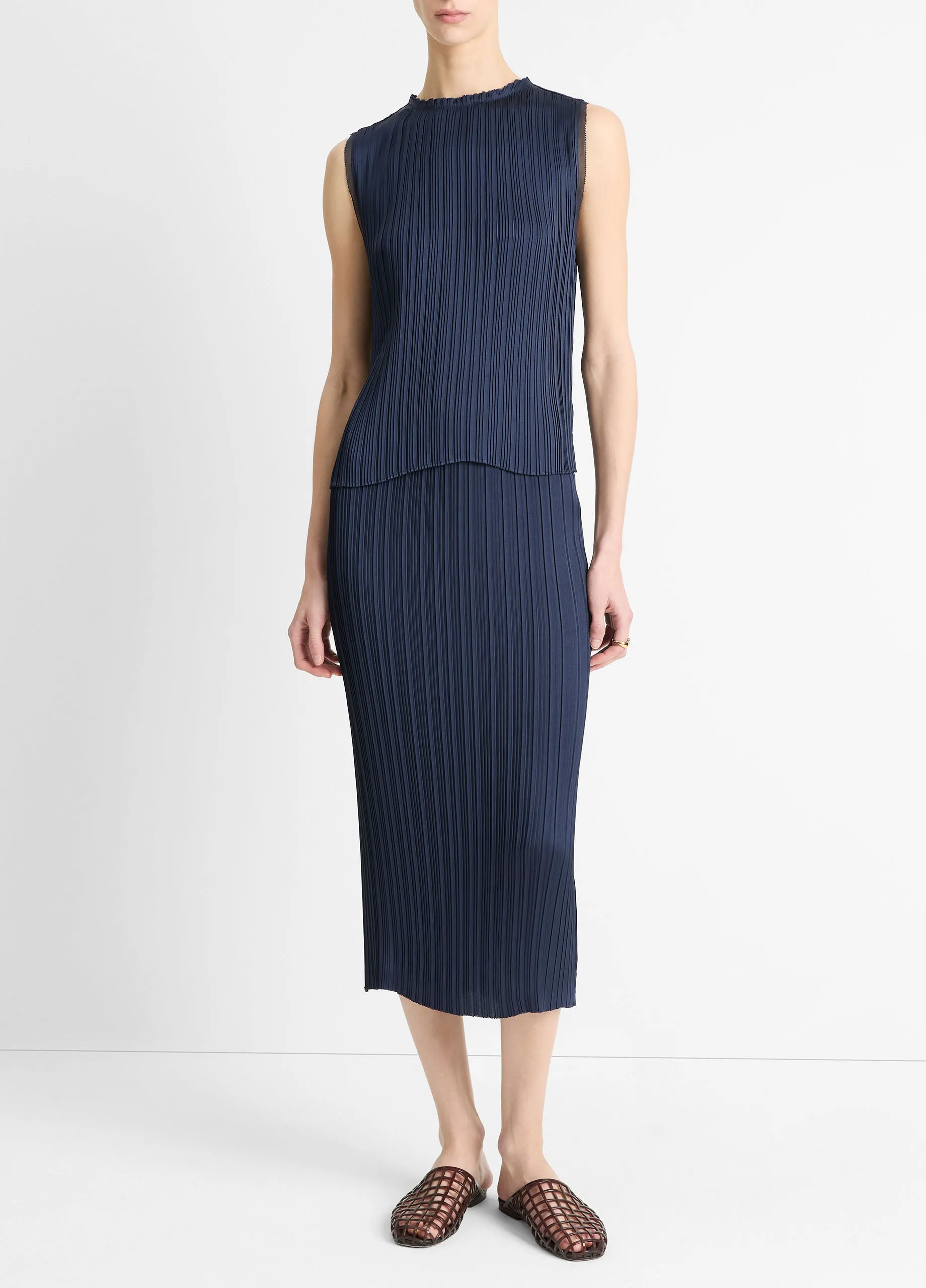 Pleated Crew Neck Shell in Coastal Blue