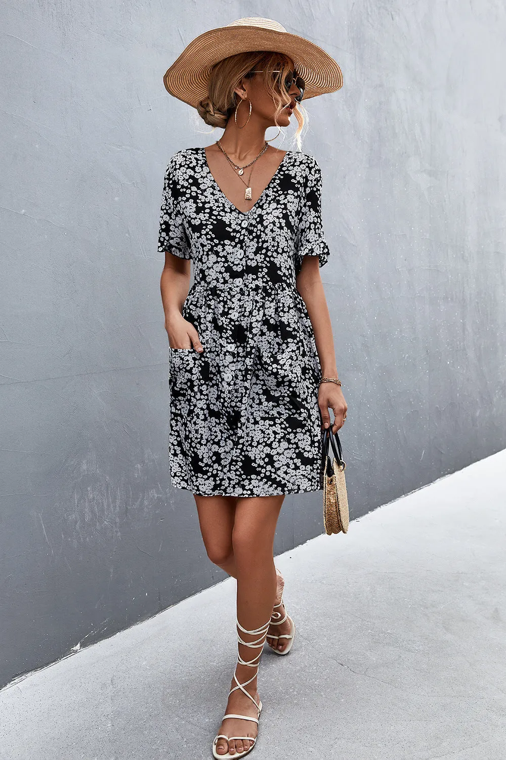 Printed Button Down Pocketed Dress