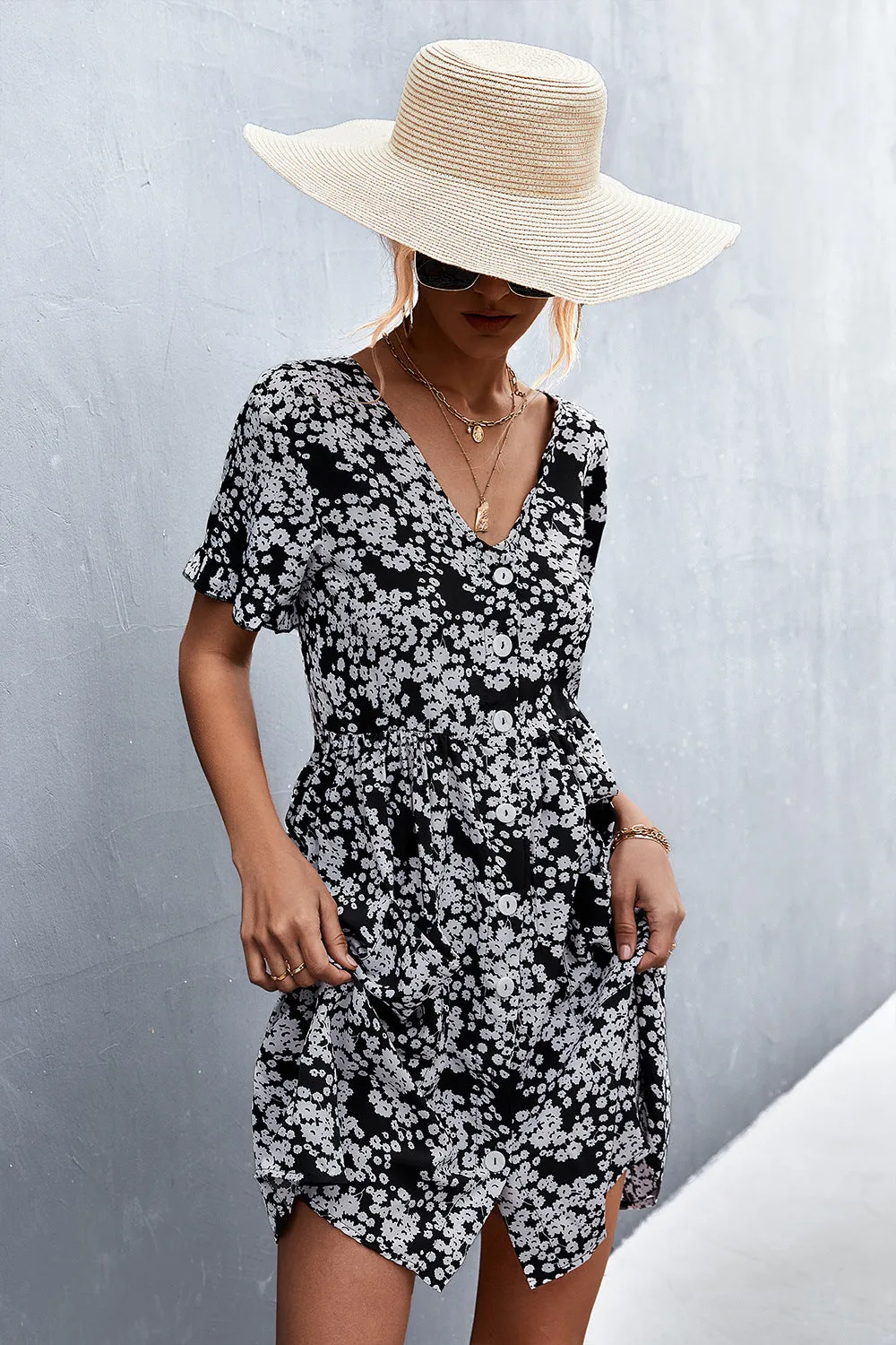 Printed Button Down Pocketed Dress
