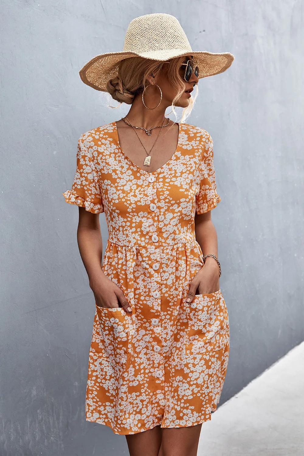 Printed Button Down Pocketed Dress