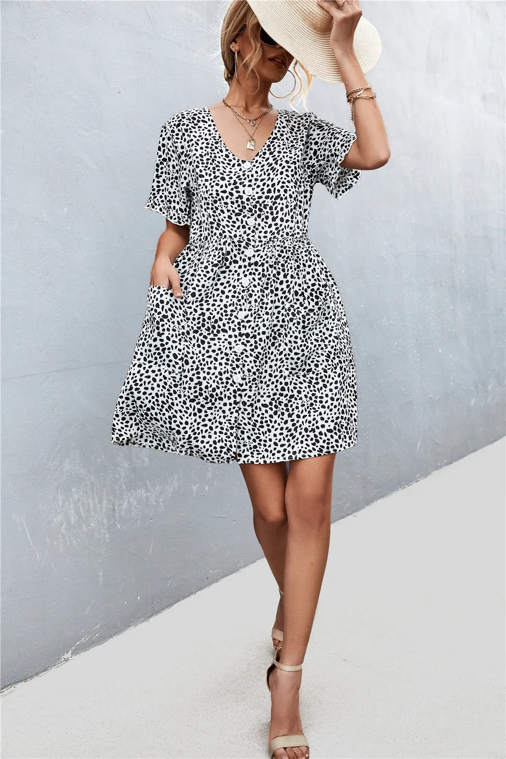 Printed Button Down Pocketed Dress
