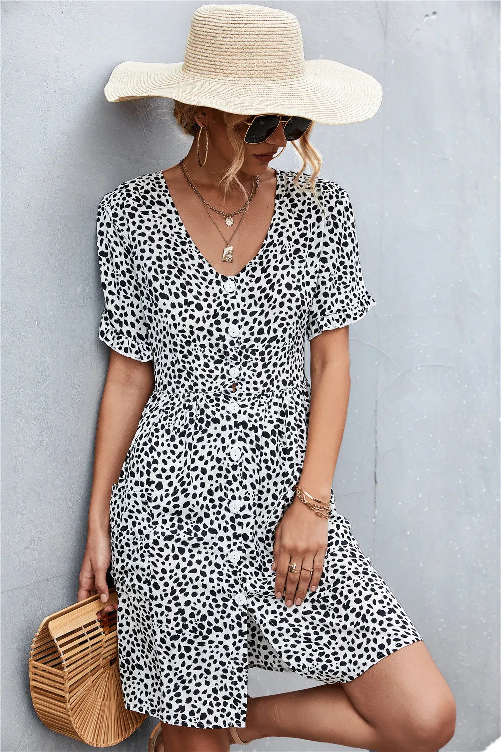 Printed Button Down Pocketed Dress