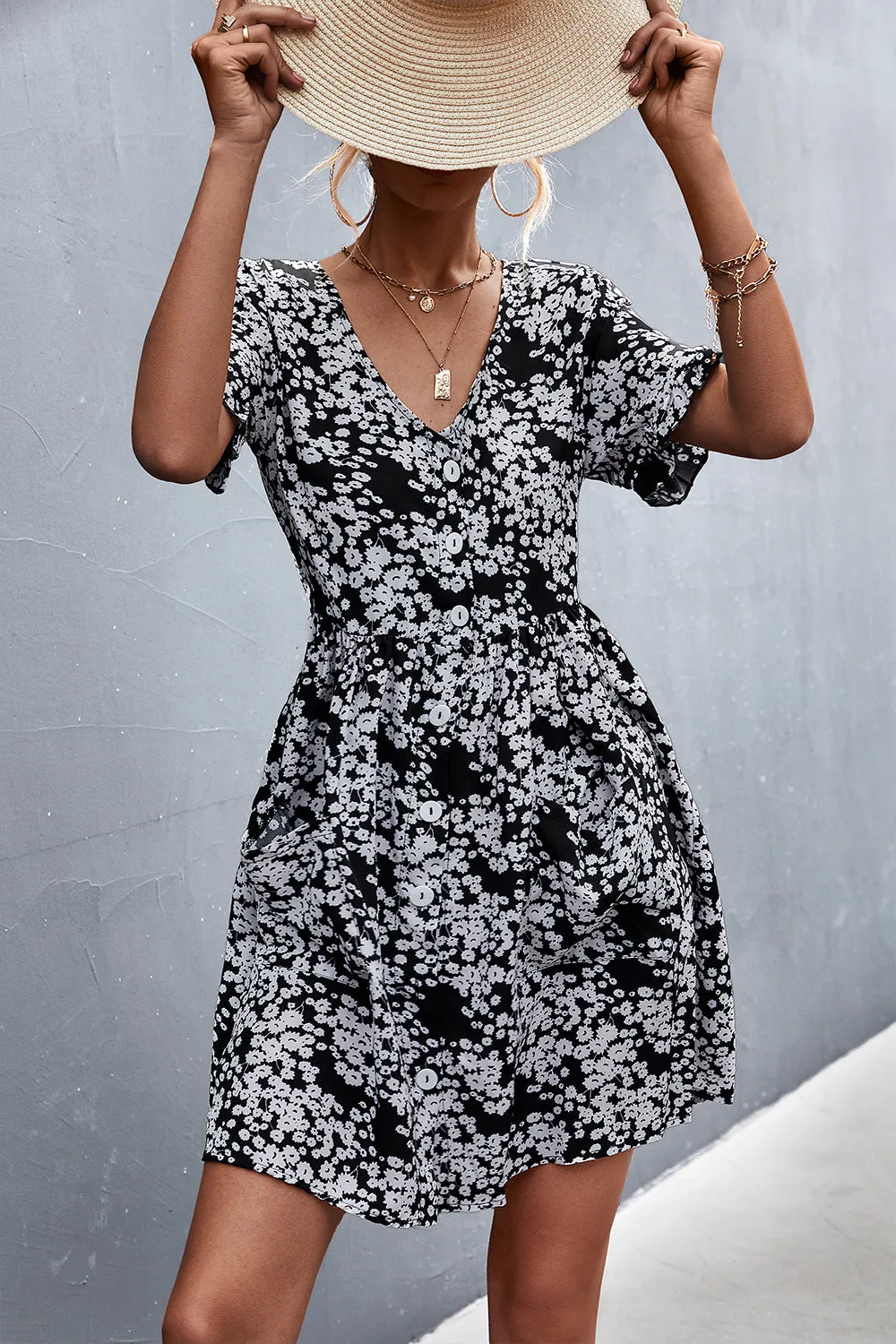 Printed Button Down Pocketed Dress