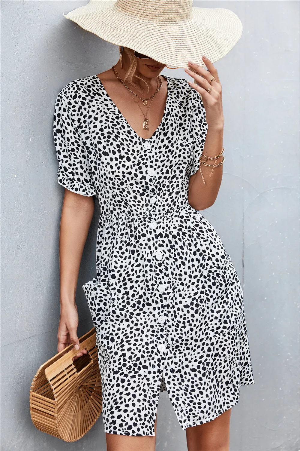 Printed Button Down Pocketed Dress