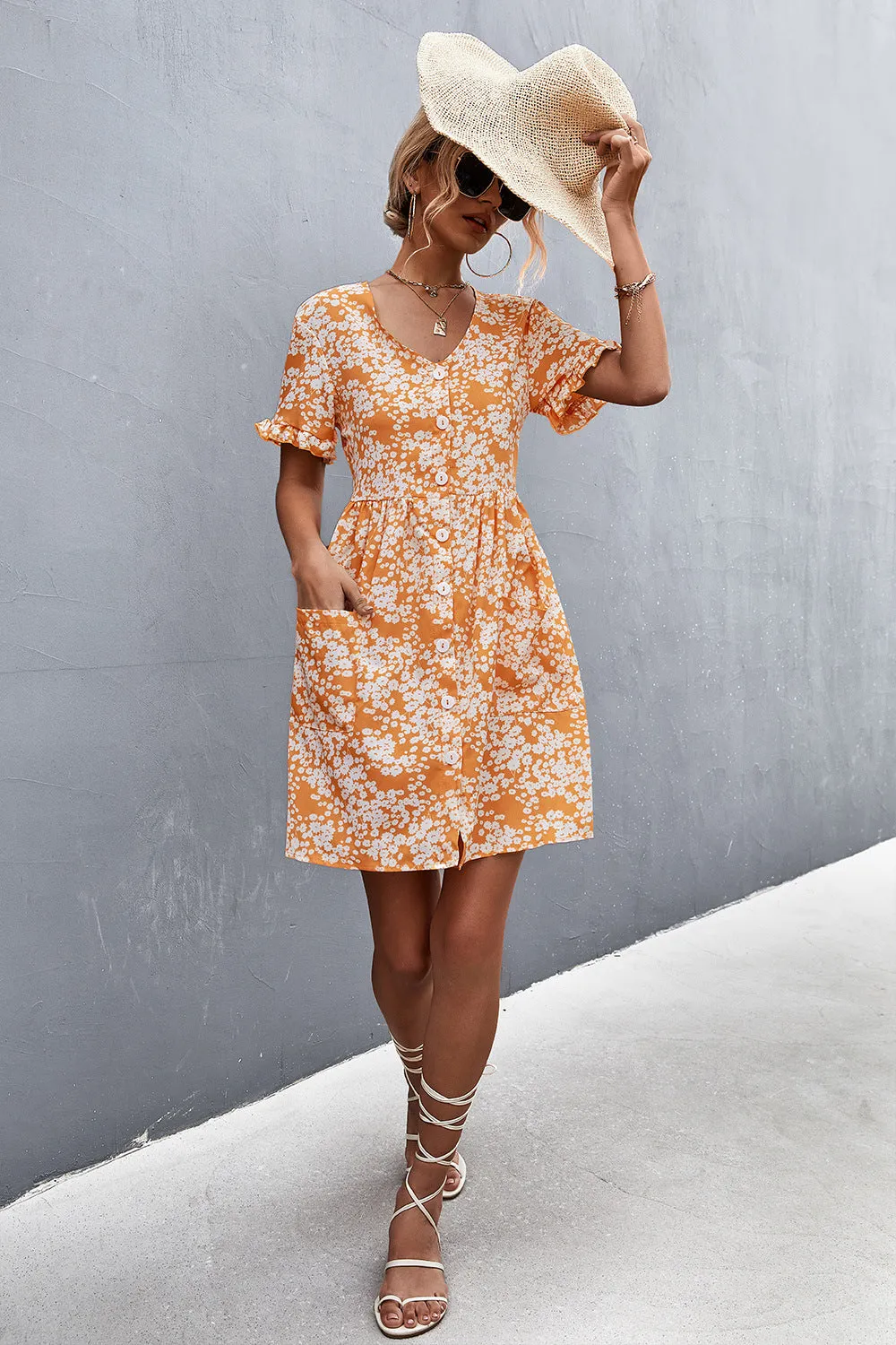 Printed Button Down Pocketed Dress