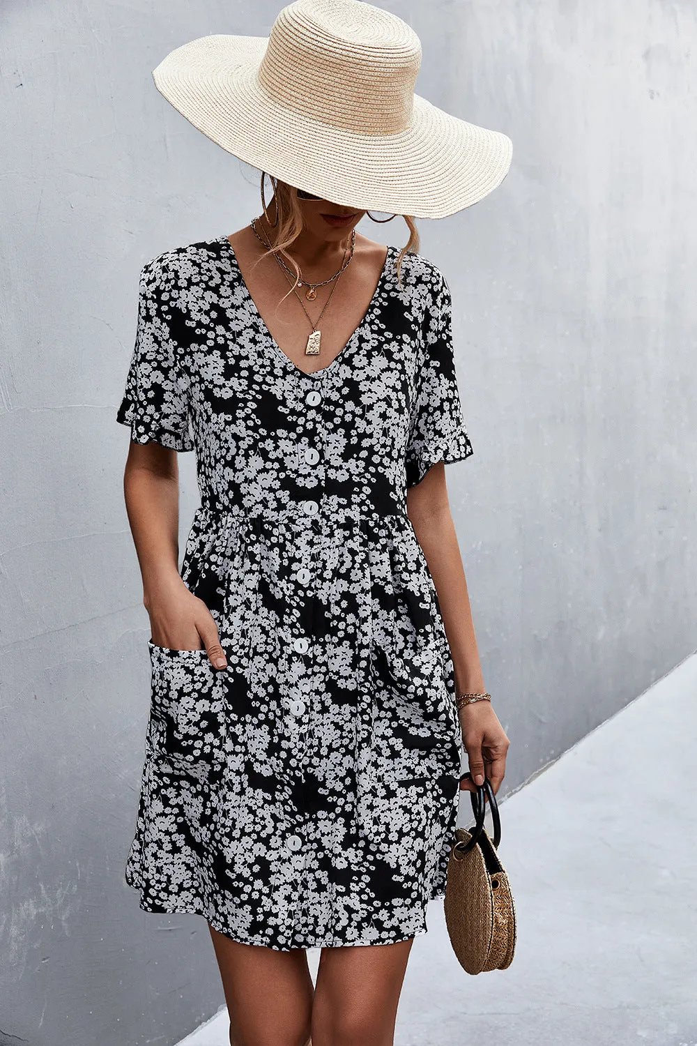 Printed Button Down Pocketed Dress