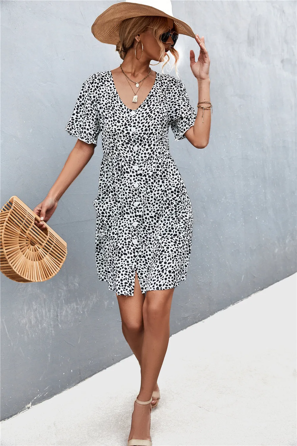 Printed Button Down Pocketed Dress
