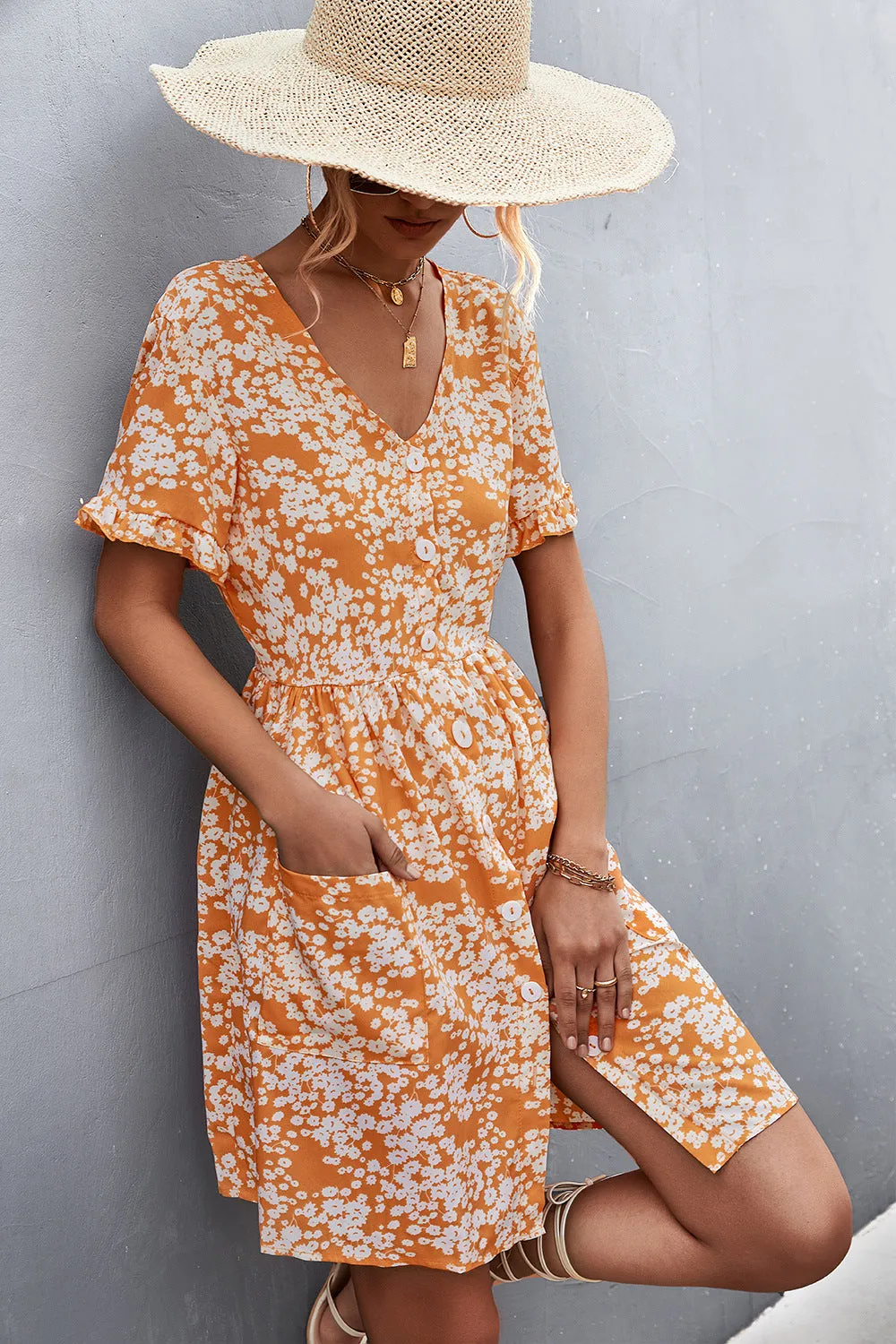 Printed Button Down Pocketed Dress