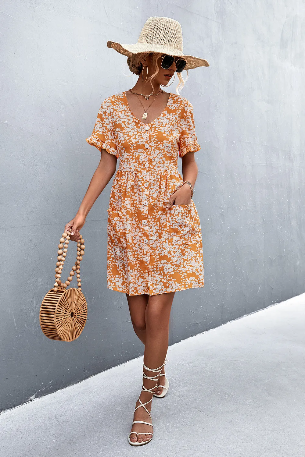 Printed Button Down Pocketed Dress