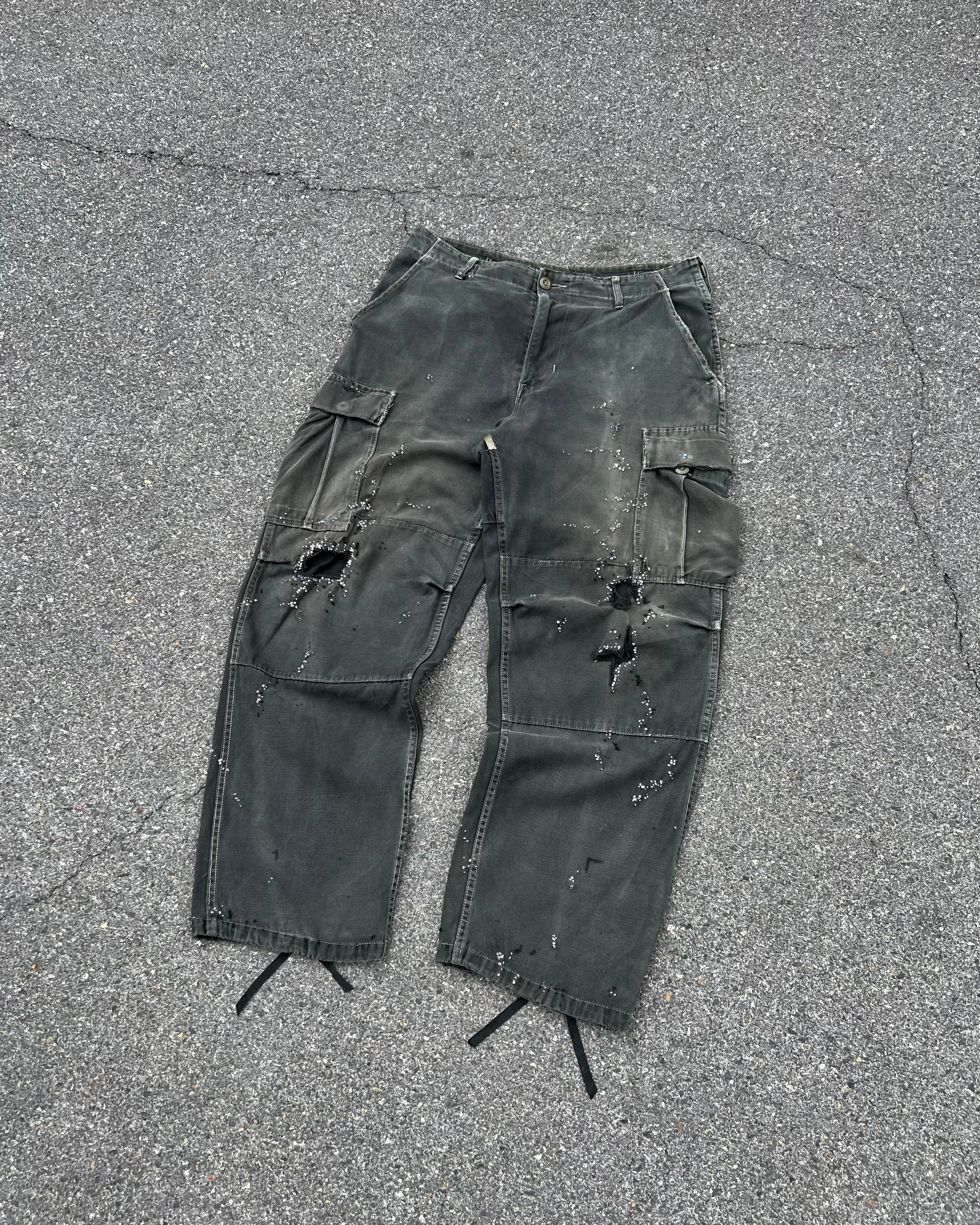 ""'Embroidered Dot Black Faded Cargo Pants