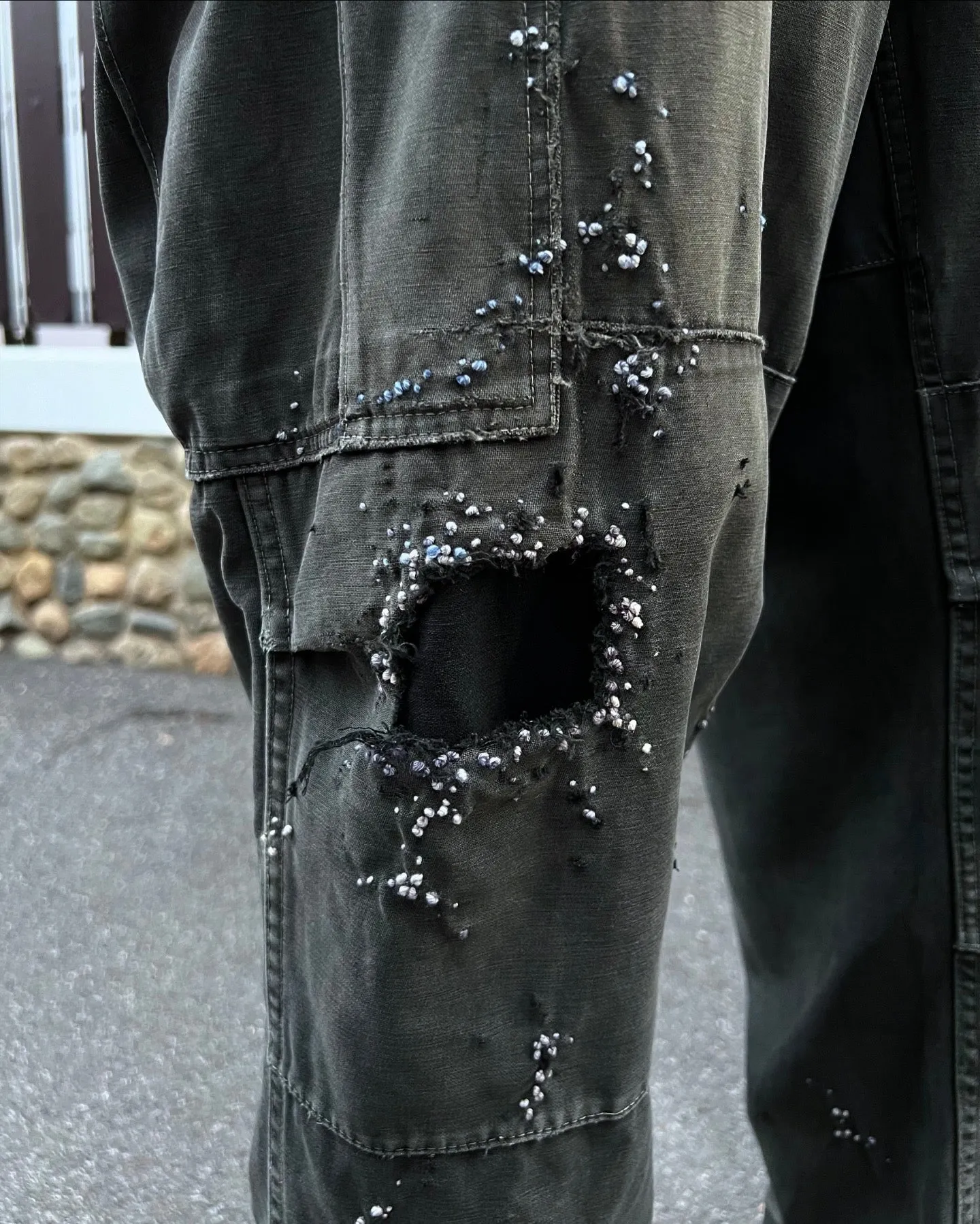 ""'Embroidered Dot Black Faded Cargo Pants