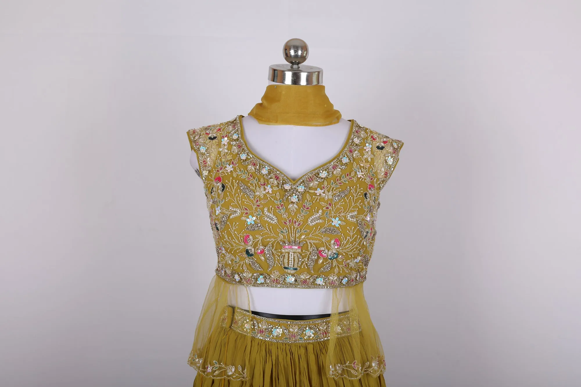 Sakkhi Style Olive Yellow Fancy Silk Lehenga Choli Set with Dupatta