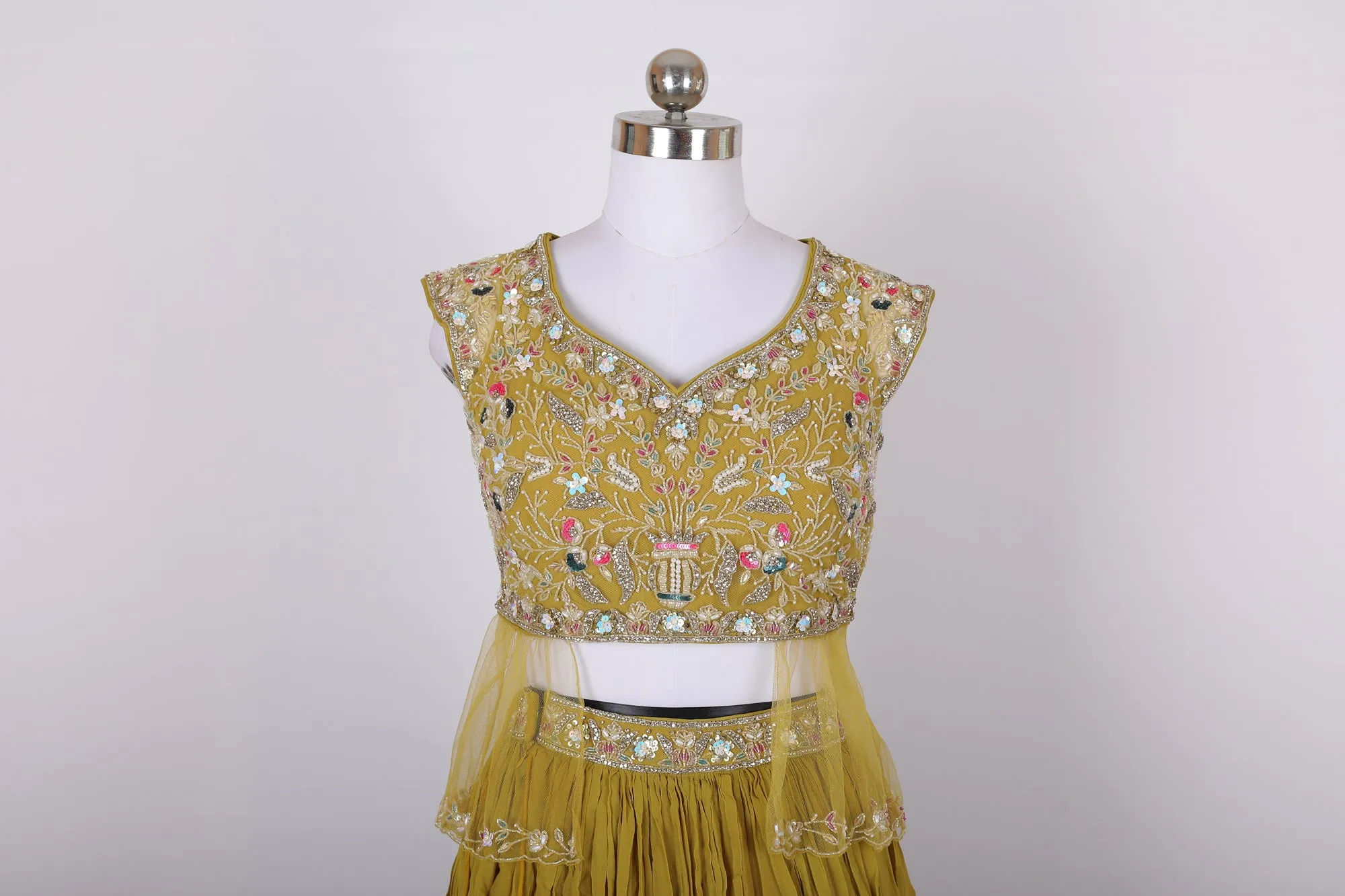 Sakkhi Style Olive Yellow Fancy Silk Lehenga Choli Set with Dupatta