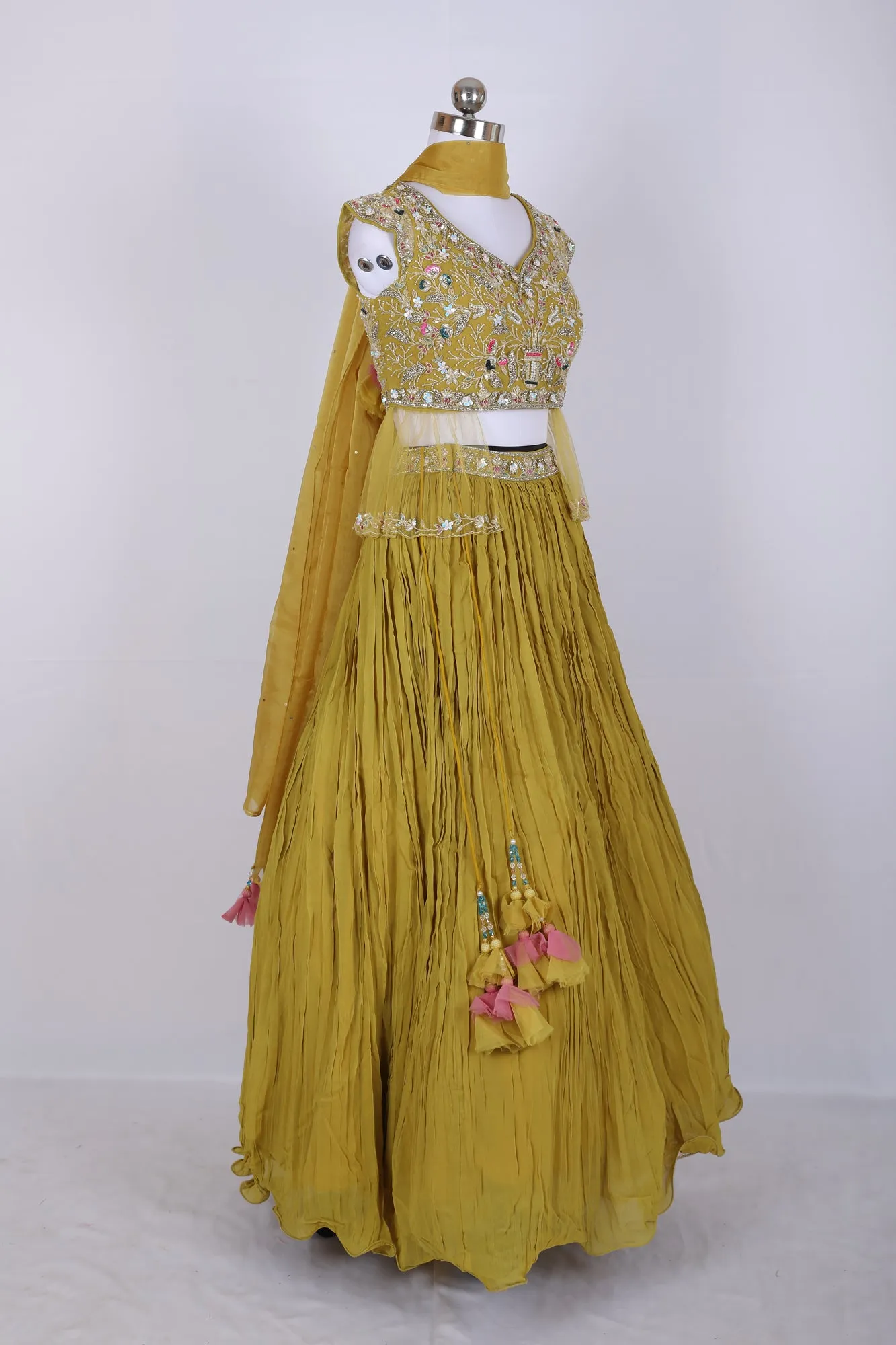 Sakkhi Style Olive Yellow Fancy Silk Lehenga Choli Set with Dupatta