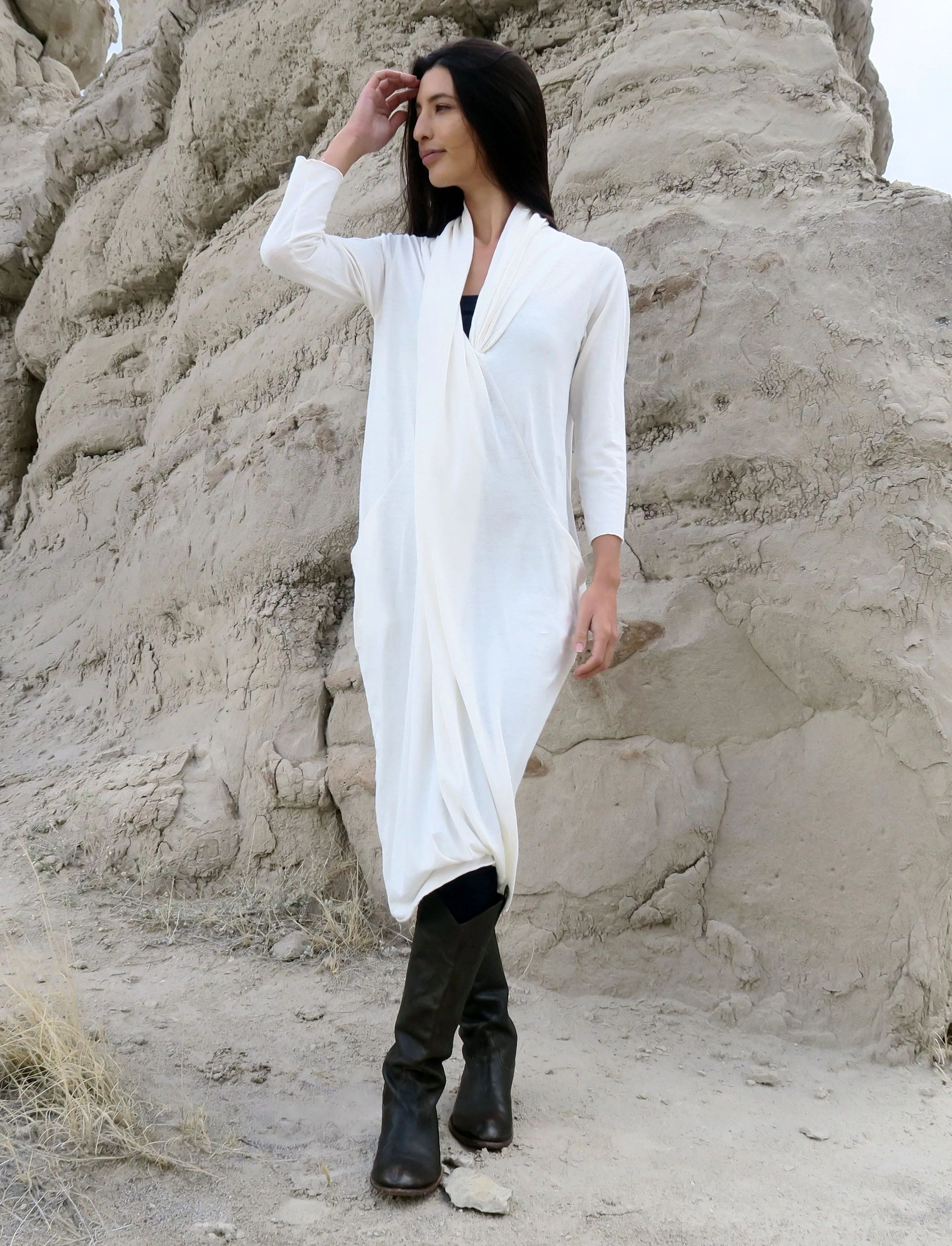 Shawl Collar Origami Below Knee Dress