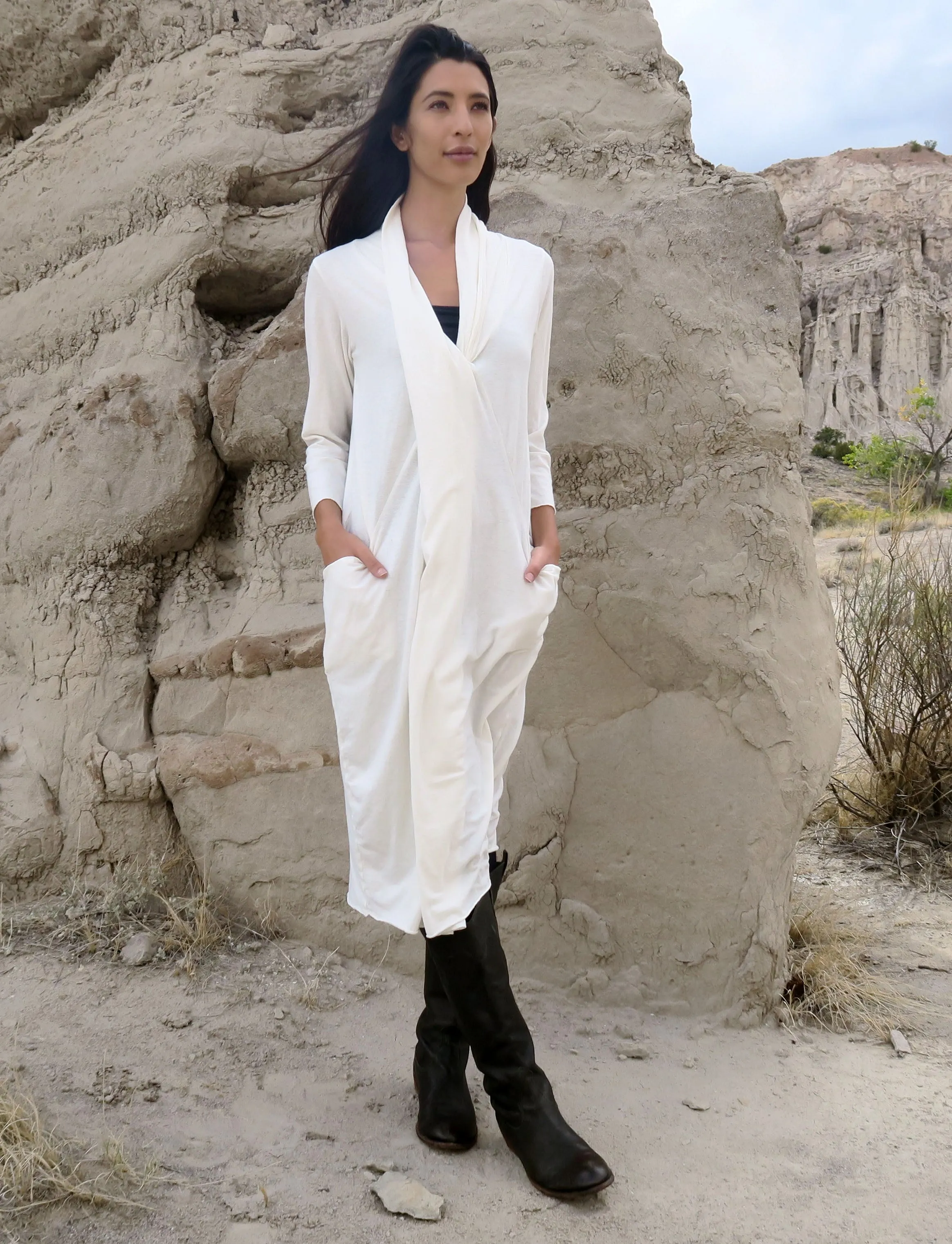 Shawl Collar Origami Below Knee Dress