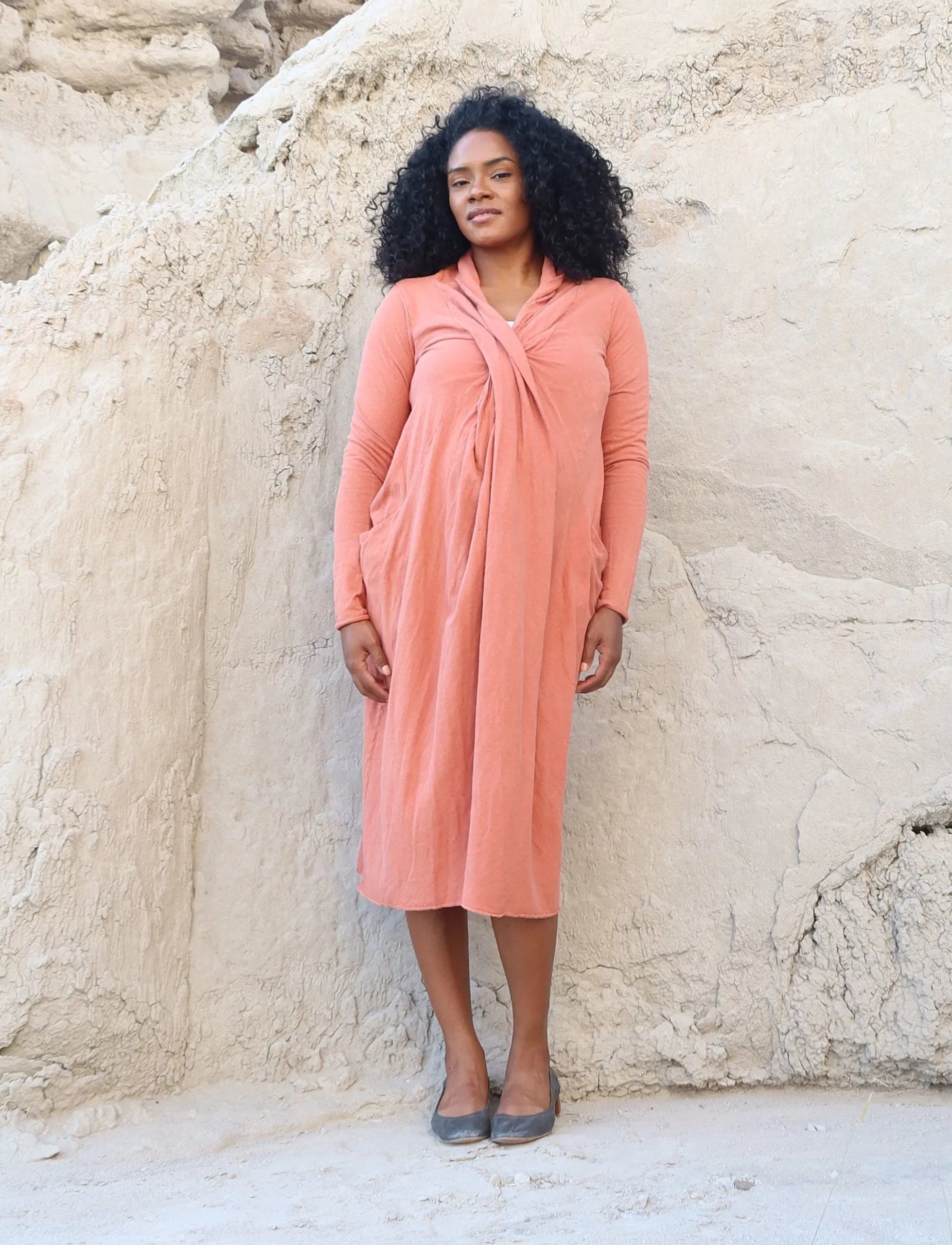 Shawl Collar Origami Below Knee Dress