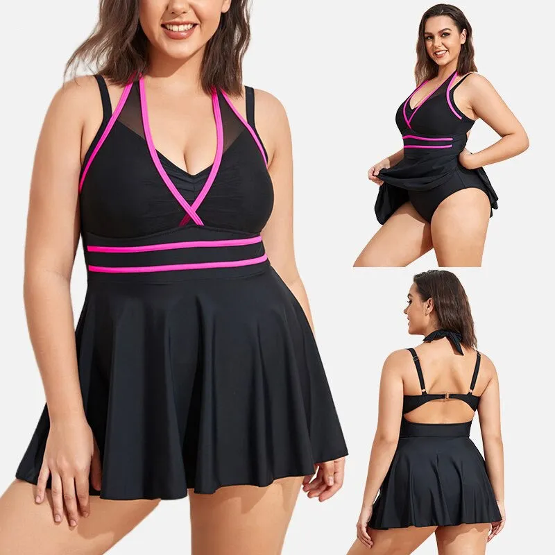 Stylish Halter Neck Plus-Size One-Piece Summer Swimdress