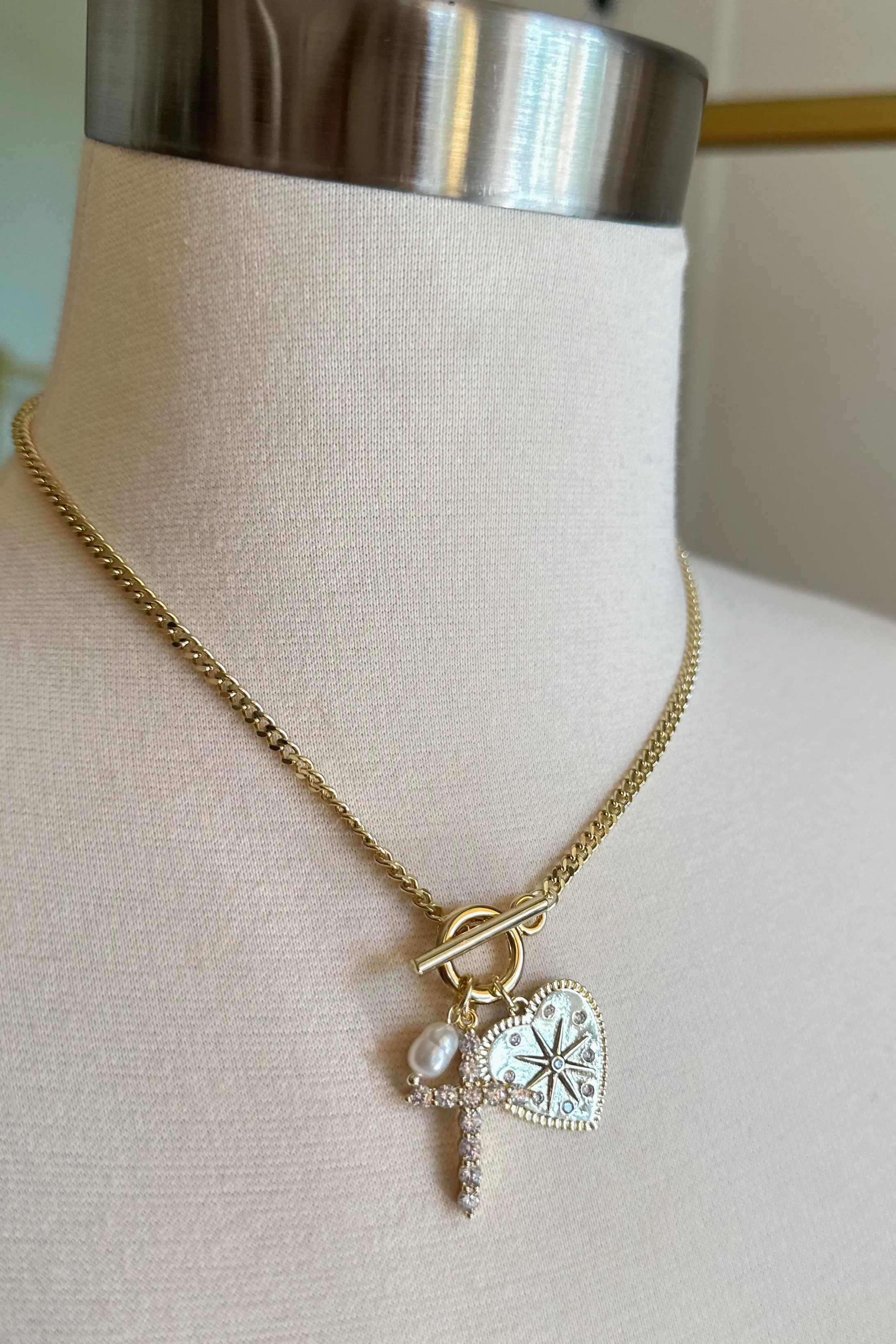 Treasure Jewels Crystal Heart and Cross Charm Necklace
