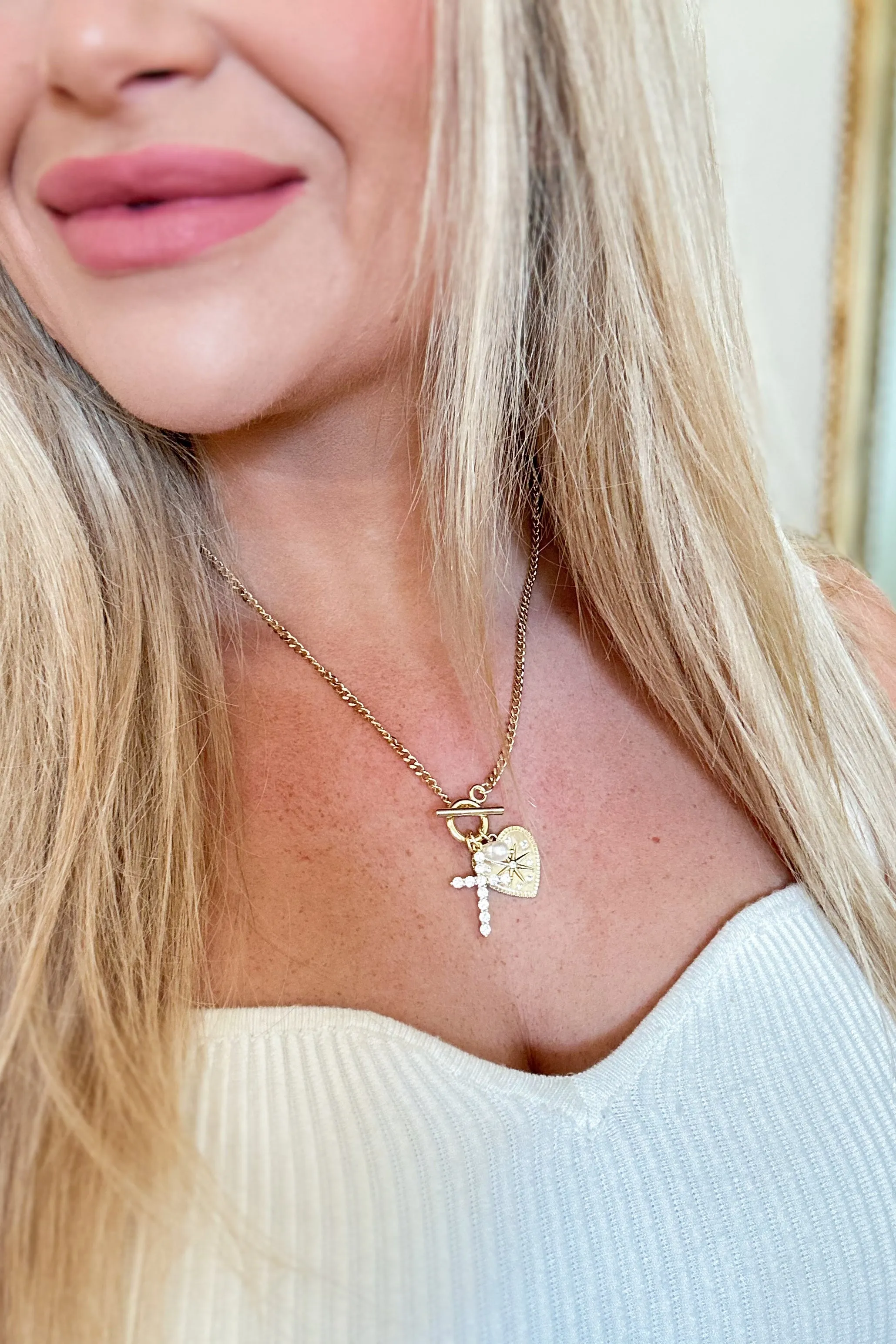 Treasure Jewels Crystal Heart and Cross Charm Necklace