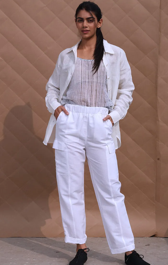 White Cargo Pants - Linen Blend
