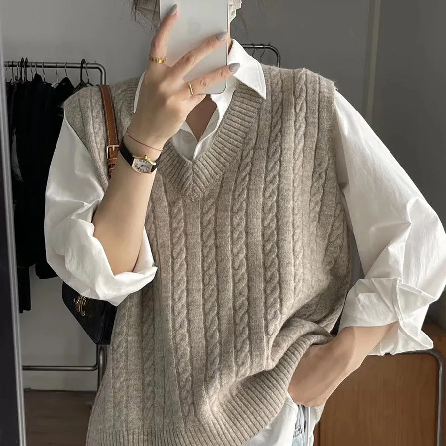 Wjczt Autumn Twist Knitted Vest 2024 Outer Wear Loose Slimming Western Style Korean Style V-neck Top