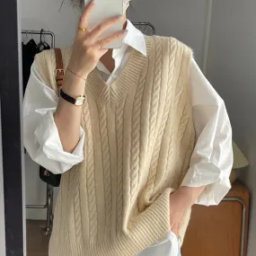 Wjczt Autumn Twist Knitted Vest 2024 Outer Wear Loose Slimming Western Style Korean Style V-neck Top