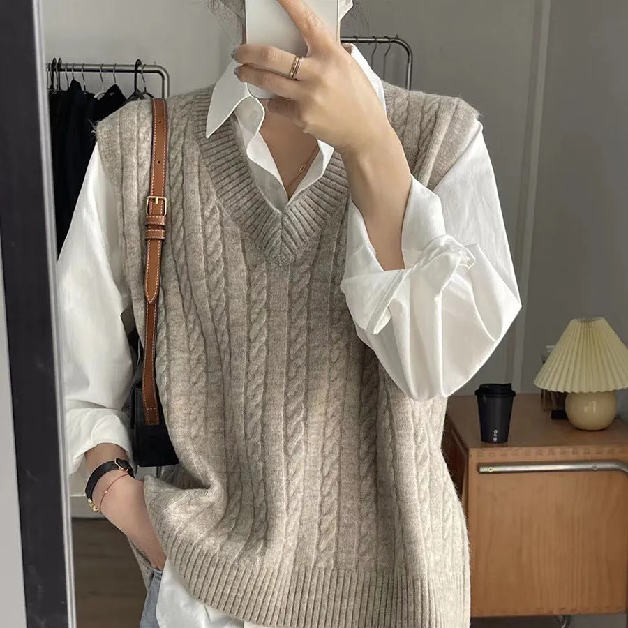 Wjczt Autumn Twist Knitted Vest 2024 Outer Wear Loose Slimming Western Style Korean Style V-neck Top