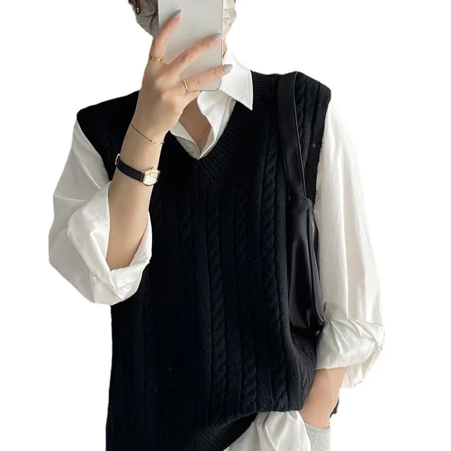 Wjczt Autumn Twist Knitted Vest 2024 Outer Wear Loose Slimming Western Style Korean Style V-neck Top