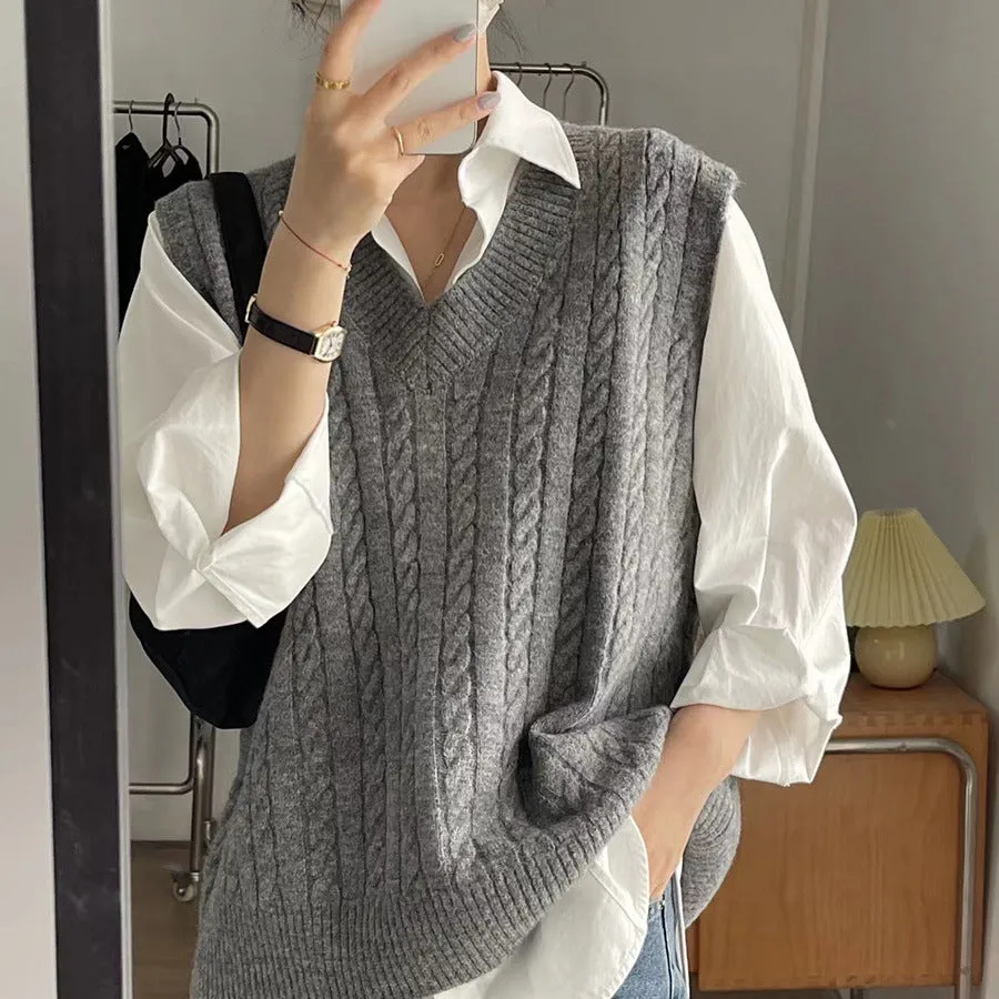 Wjczt Autumn Twist Knitted Vest 2024 Outer Wear Loose Slimming Western Style Korean Style V-neck Top