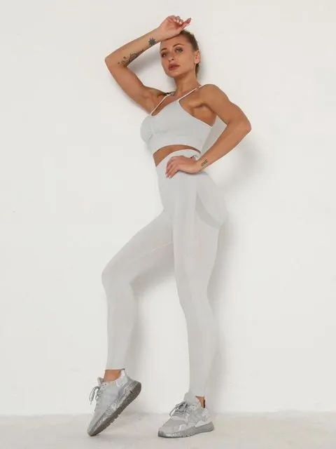 Wjczt Women&#39;s Sets Skinny Tracksuit Breathable Bra Long Sleeve Top Seamless Outfits High Waist Push Up Leggings Gym Clothes Sport Suit