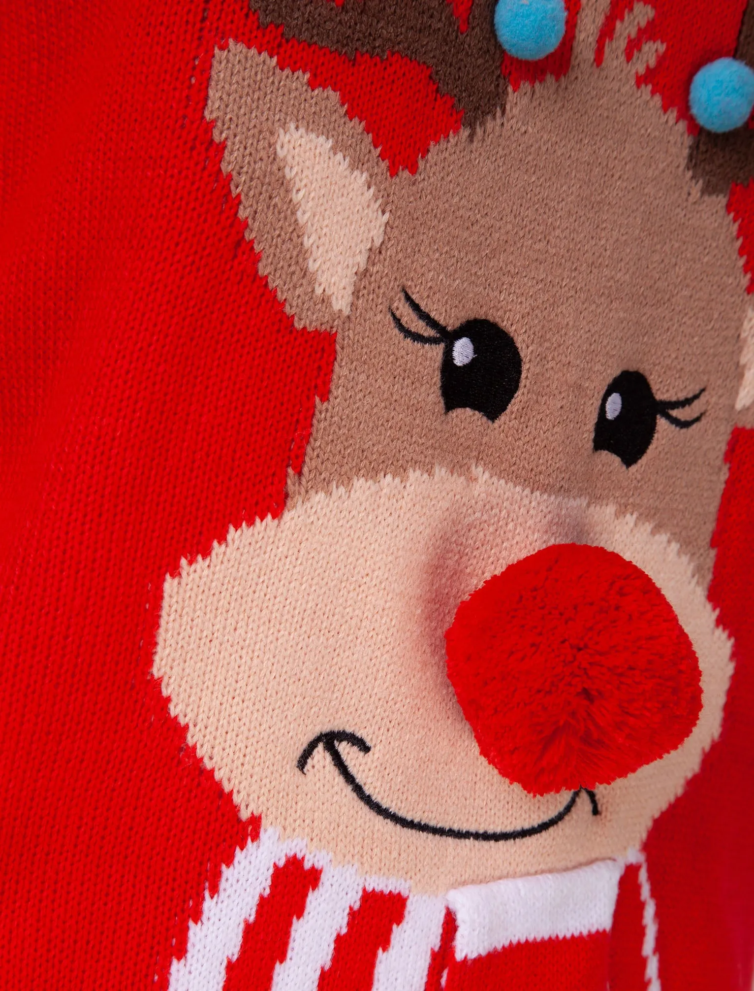 Women’s Reindeer with Scarf 2 Motif 3D Embellishment Novelty Christmas Jumper in High Risk Red - Merry Christmas