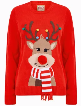 Women’s Reindeer with Scarf 2 Motif 3D Embellishment Novelty Christmas Jumper in High Risk Red - Merry Christmas