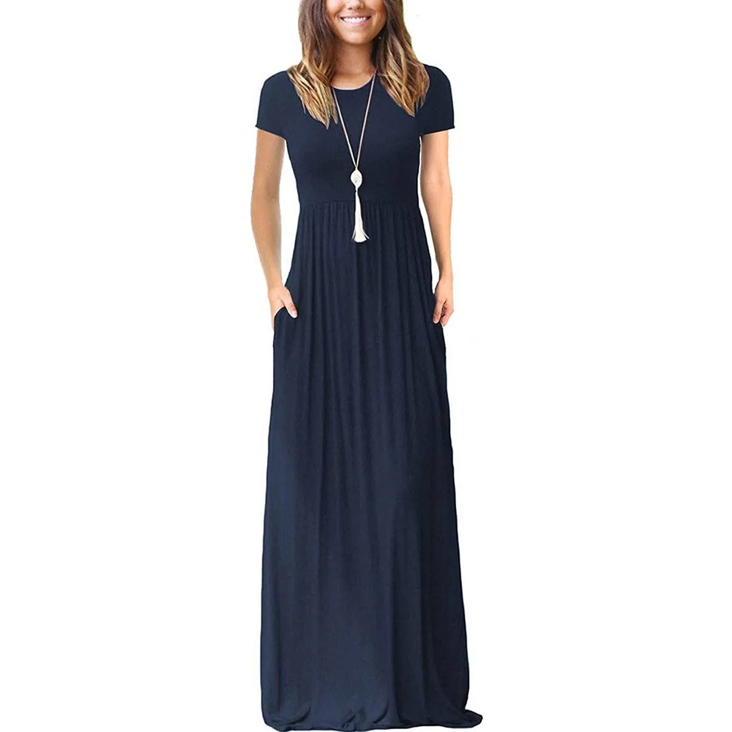 Women's Short Sleeve Loose Casual Long Dresses with Pockets