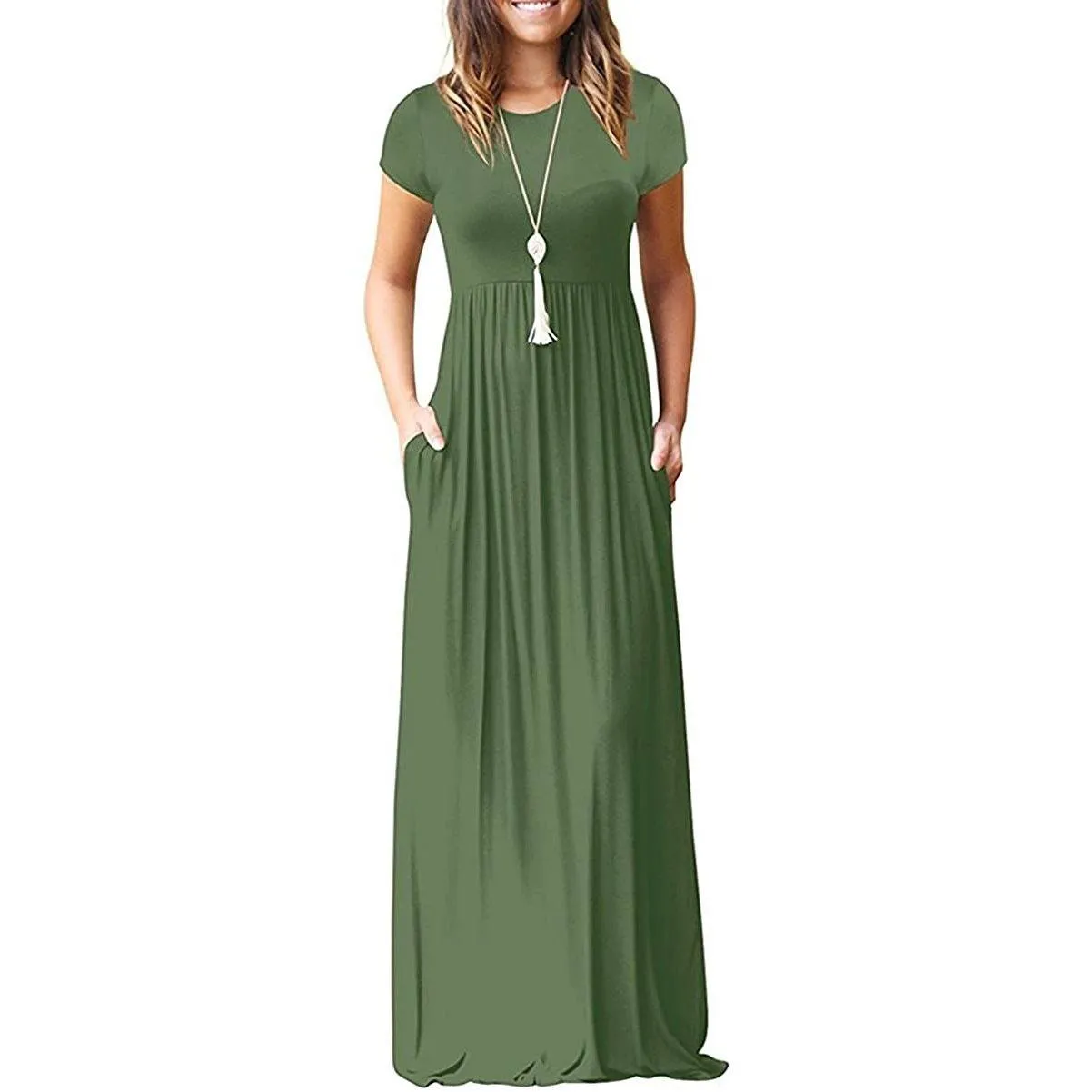 Women's Short Sleeve Loose Casual Long Dresses with Pockets