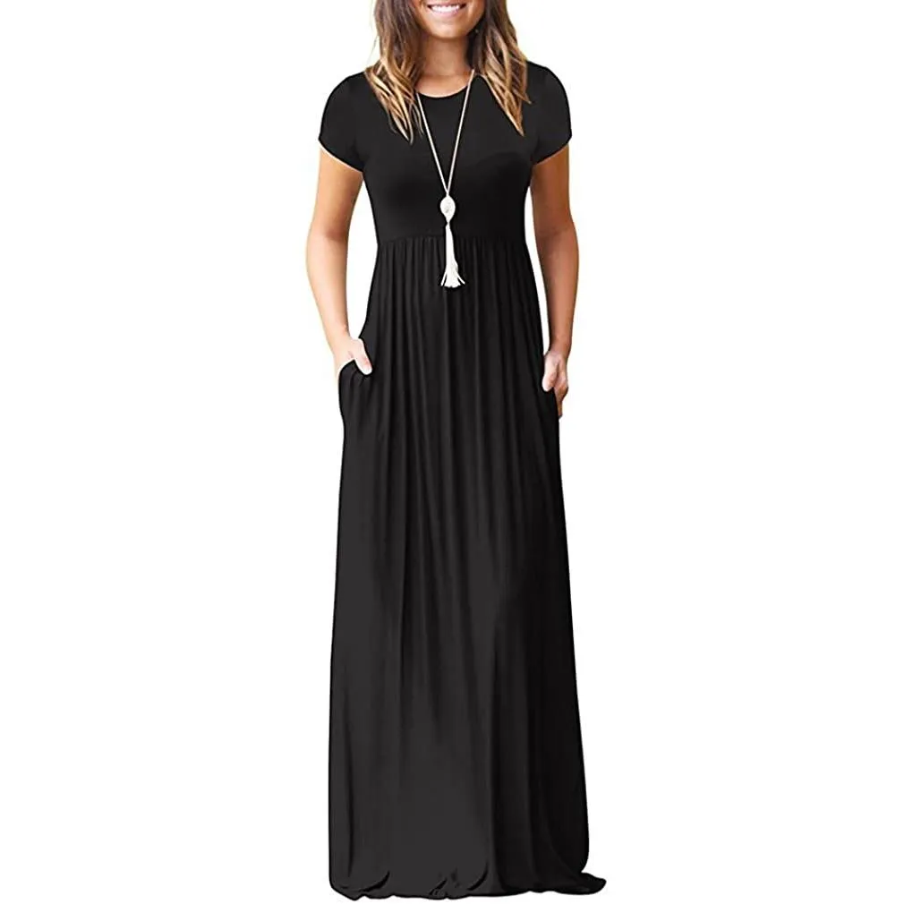 Women's Short Sleeve Loose Casual Long Dresses with Pockets