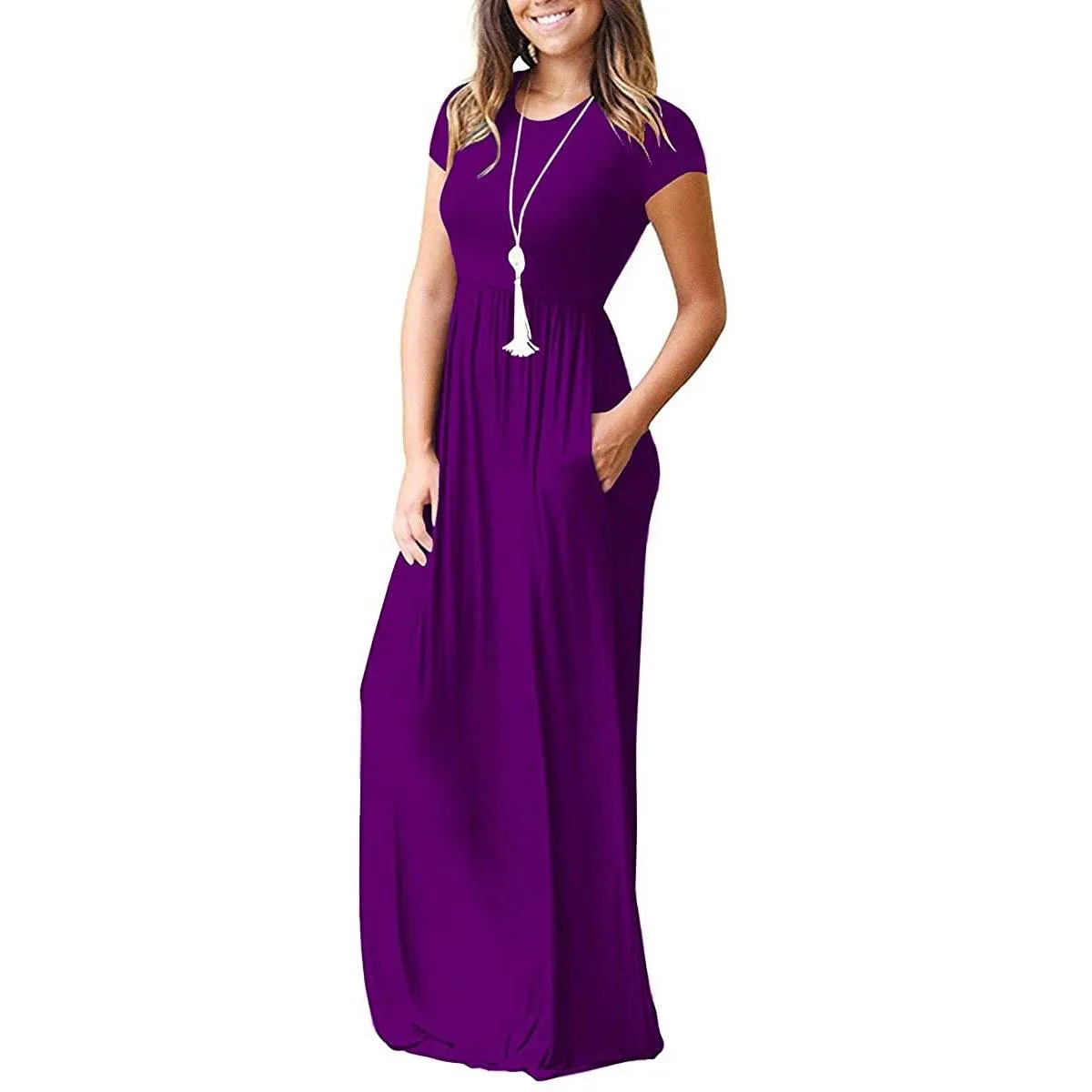 Women's Short Sleeve Loose Casual Long Dresses with Pockets