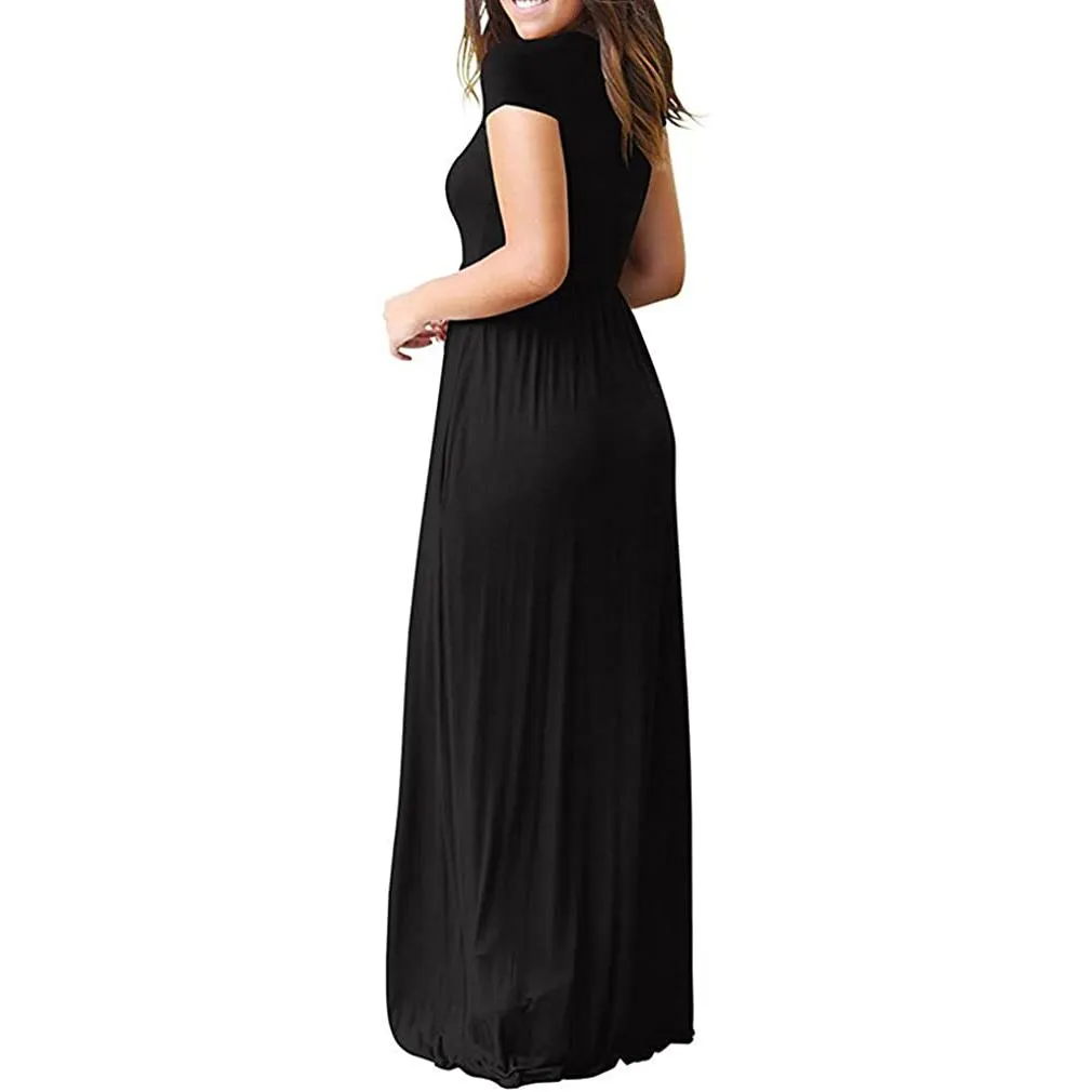 Women's Short Sleeve Loose Casual Long Dresses with Pockets